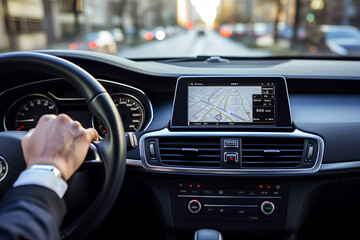 transport, destination, modern technology and people concept - male hand searching for route using navigation system on car dashboard screen