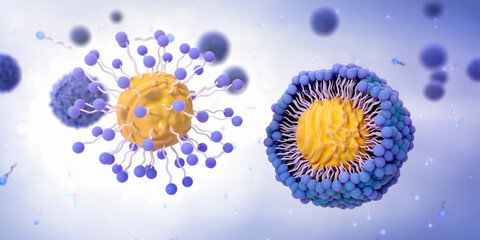 Soap molecules capturing dirt within micelles, illustration
