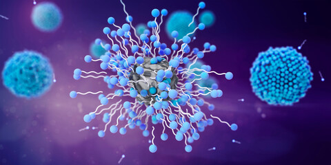 Soap molecules capturing dirt within micelles, illustration