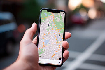 Traveler use map on mobile phone app to search for route location of place with gps on street when travel in city,Technology in lifestyle