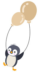 Cute penguin flying with two balloons