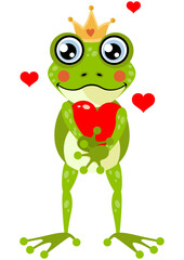Prince frog standing holding a red heart