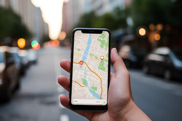 Traveler use map on mobile phone app to search for route location of place with gps on street when travel in city,Technology in lifestyle