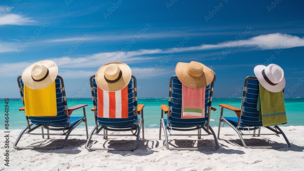 Sticker AI generated illustration of four Beach chairs with colorful towels and straw hats facing the ocean