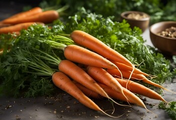 AI-generated illustration of carrots bunches and bowls on a table