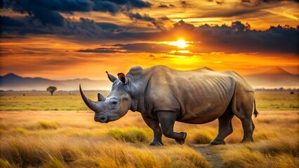 Obraz premium Rhinoceros going in savannah at sunset with double exposure. A beautiful rhino in the African savanna. Beautiful safari print design, interior picture