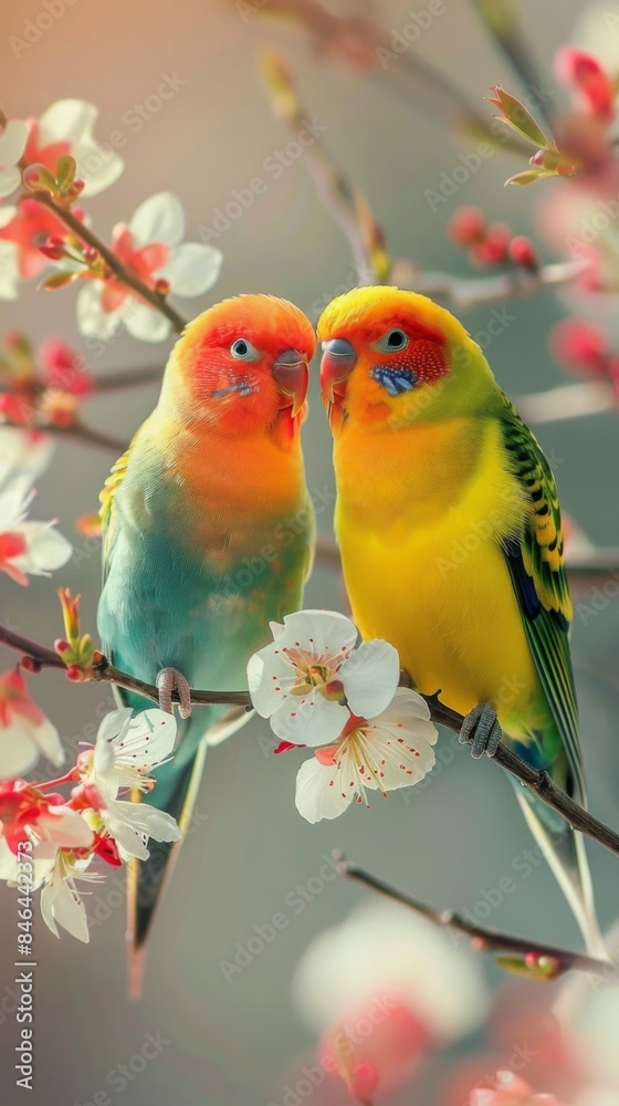 Canvas Prints Two Vibrant Parrots Amidst White and Pink Blossoms-AI generated