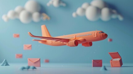 Creative concept of an airplane flying among clouds and envelopes. Ideal for mail service, delivery, or travel themes.