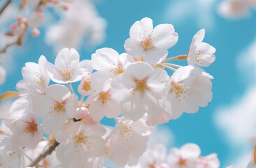 1 photo of white cherry blossom full bloom clear blue sky fluffy cloud background focus closeup shot of individual flower against soft bokeh effect capture their delicate petal vibrant color