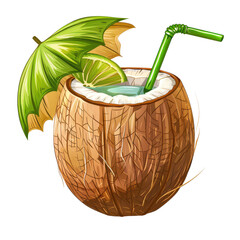 Fototapeta premium A refreshing tropical drink served in a coconut with a lime slice, green straw, and tropical umbrella. Perfect for summer vibes.