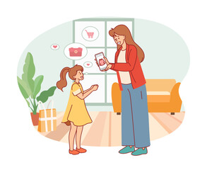 Online shopping people. Daughter chooses clothes in app, e commerce, mobile payment, mom buys blouse for kid, internet store for children, cartoon flat style isolated vector concept