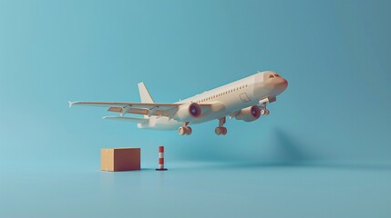 Obraz premium Minimalist model airplane taking off against blue background. Symbolizes travel, shipping, and logistics. Conceptual image with small props.