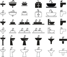 Kitchen Washbasin flat, line icons Set. Sink with tap, Bathroom symbols, Kitchen furniture signs editable stock for mobile concept, web design. Sink cleaning in trendy style on transparent background.