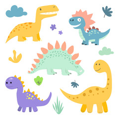 A cute colorful set of dinosaurs. Vivid illustrations of dinosaurs of different natures. Vector graphics of dinosaurs. Isolated on a white background.