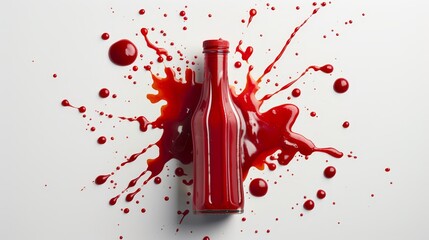 Overhead shot of a ketchup bottle with sauce splattered artistically around it, isolated on a white background, with precise studio lighting