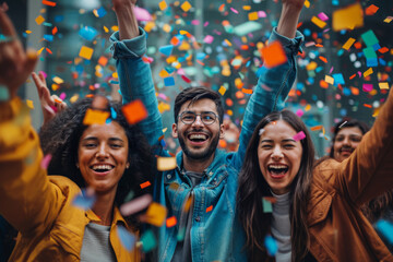 Happy diverse employees team celebrating success business achievement