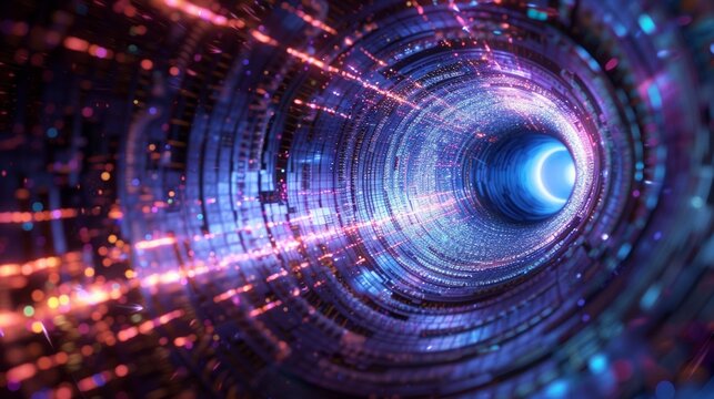 An abstract digital illustration depicting the concept of quantum tunneling, showcasing particles transcending barriers in a vibrant, futuristic environment