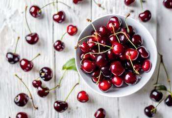 AI-generated illustration of fresh cherries on a white table, top view