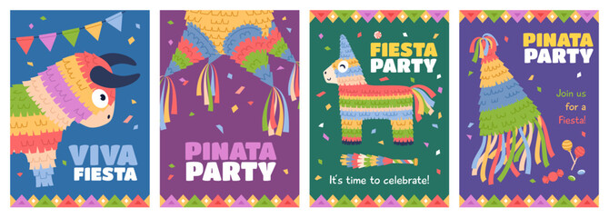 Fototapeta premium Celebrating with pinatas. Traditional mexican carnival decorations, paper containers with confetti, candies for breaking, childish birthday party invitations festival posters, vector cards set