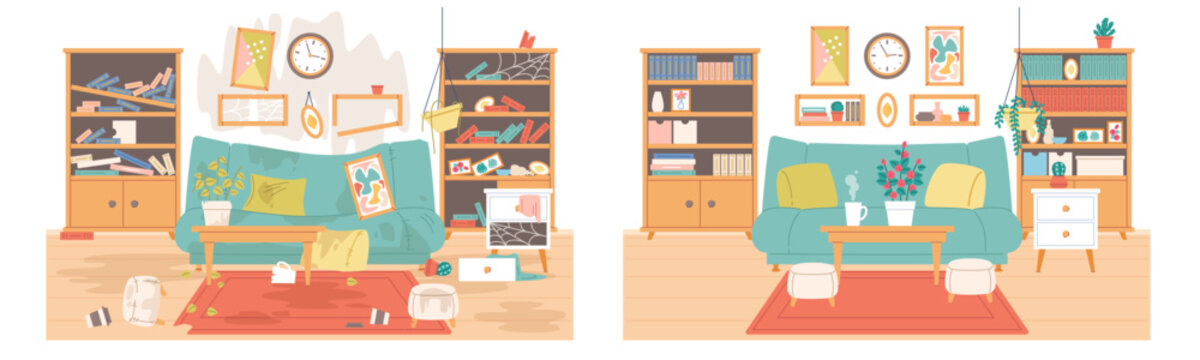 Clean and dirty living room. Messy apartment with old broken furniture and clutter, neat interior with new sofa and shelves, cleaning service, cartoon flat style isolated vector concept