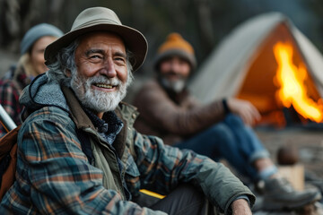 Fototapeta premium Senior Man Smiling at Campfire with Friends