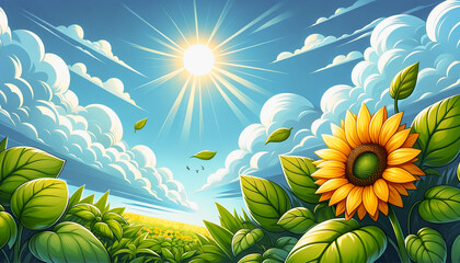 ひまわりと青空　背景、壁紙　（ AI生成画像 ）