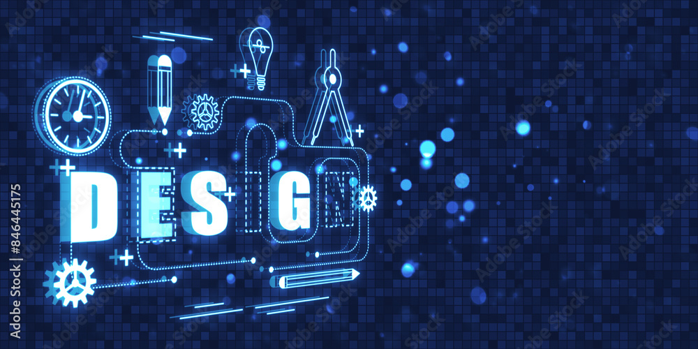 Aufkleber Graphic design concept outline. Digital thin line illustration on blue background with mock up place. 3D Rendering.