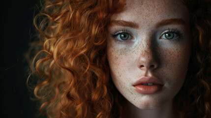 A portrait of a young woman with red curly hair and freckles, her eyes reflecting curiosity and a sense of wonder.