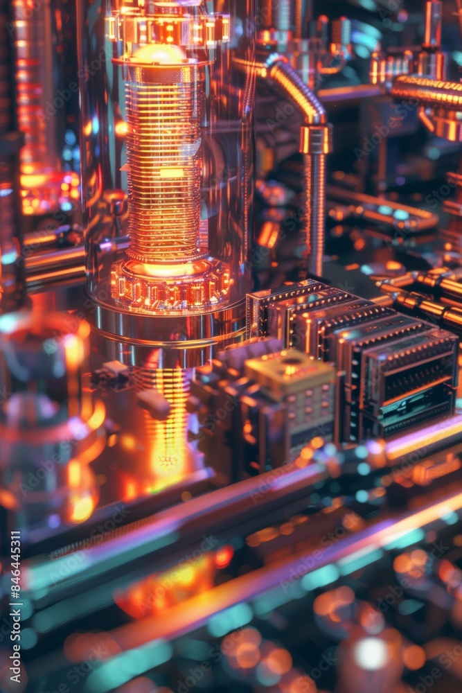 Poster Detailed close-up of a quantum processor chip with a cooling system