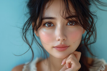1 Beautiful Japanese woman perfect skin touching her chin smiling the camera against a light blue background in the style of a skin care advertising shot captured in the style of a Canon EOS R5 camera