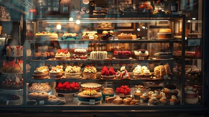 The glass display case in front with many different types and sizes of pastries, cakes, cookies, or croissants inside. The scene is set against an urban backdrop, part of a bakery or cafe.