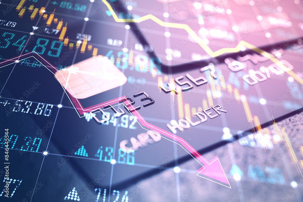 Poster close up of bank cards with glowing falling forex chart and index grid on blurry background. crisis 