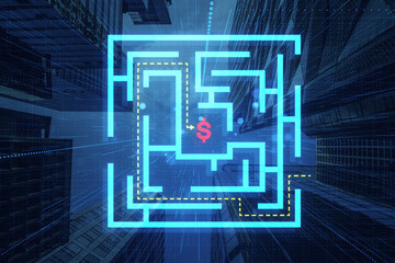 Creative glowing blue maze hologram on blurry city background. Concept of technology and brainstorming. Double exposure.