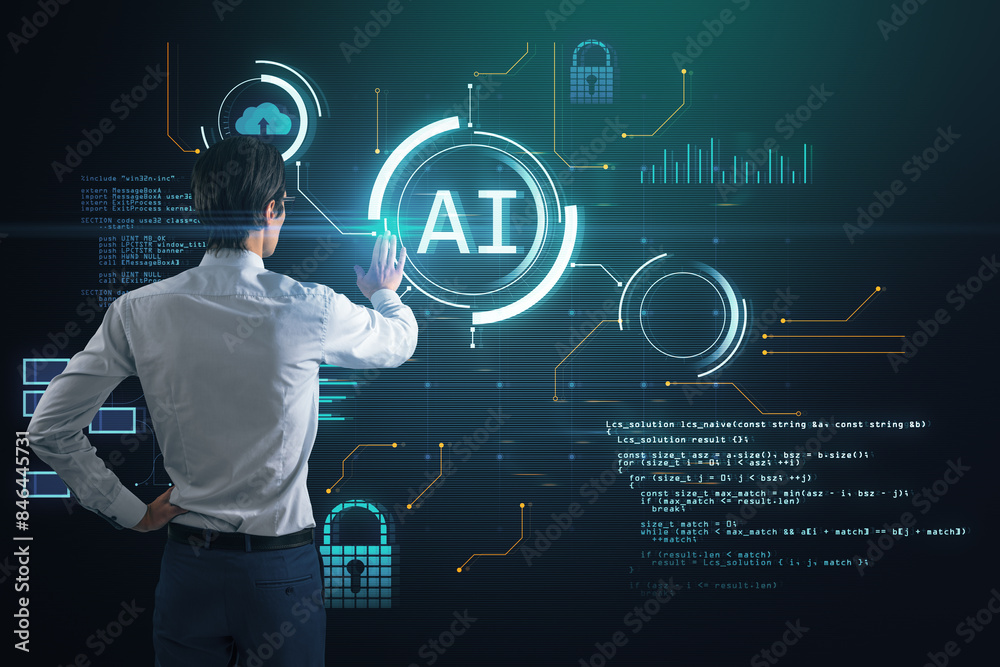 Aufkleber glowing blurry ai hologram with binary coding on blurry background. Artificial intelligence, technology and programming concept.