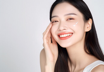 1 Chinese beauty skin care product poster white background smiling face touching her cheek one hand girl long straight hair fair complexion light gray tank top slender figure bright smile delicate