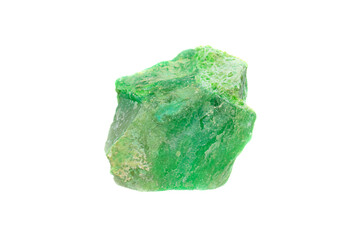 Natural rough garnierite (green moonstone) gemstone on white background, a serpentine variety of green nickel ore.