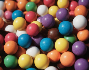 Caramelle rotonde colorate, disposte in un sacco, pronte per essere gustate.
