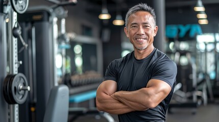 Fototapeta premium Asian Male Fitness Trainer at Gym, Strength Training, Workout Motivation, Personal Trainer for Health and Wellness, Athletic Physique