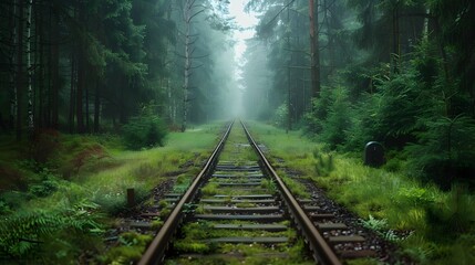 Fototapeta premium An train track running through the forest, with green grass on both sides and tall trees in the background. which run straight ahead into misty distance.