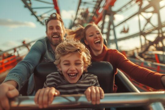 AI generated illustration of a family enjoying a roller coaster ride at an amusement park