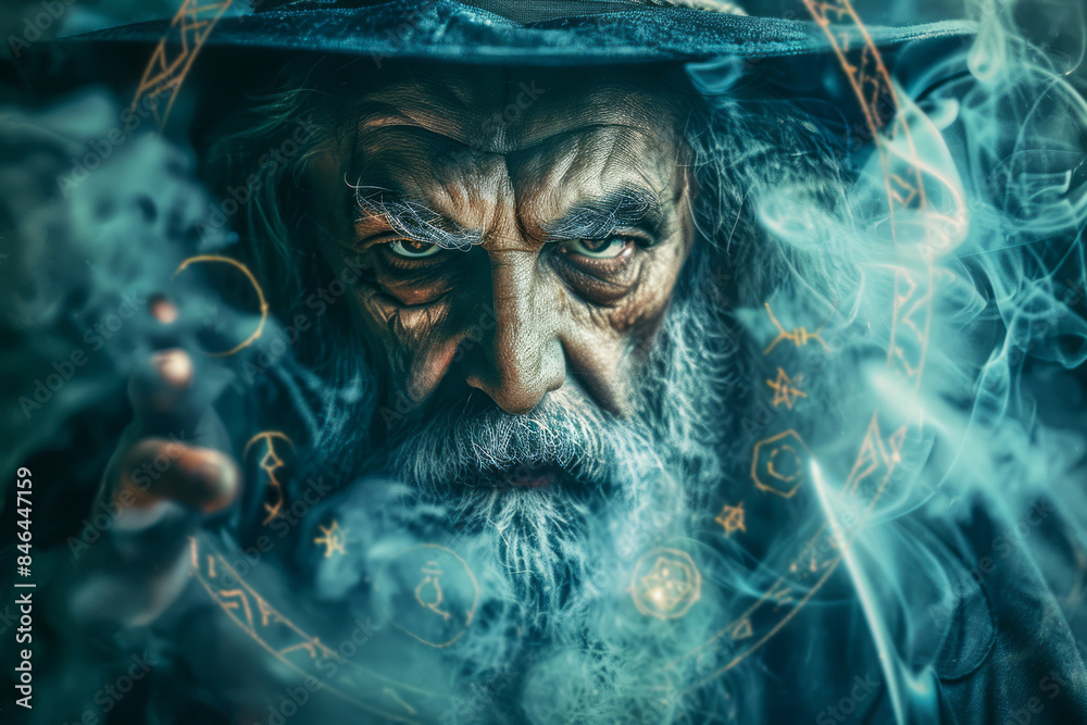 Wall mural Close-up of a scary wizard casting a spell with mystical symbols and smoke surrounding him