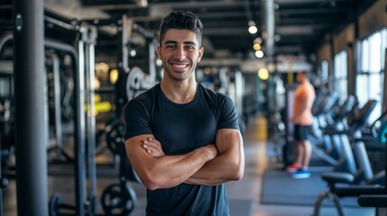 Fototapeta premium Smiling Male Fitness Trainer in a Modern Gym Setting, Fitness Motivation, Healthy Lifestyle, Professional Trainer