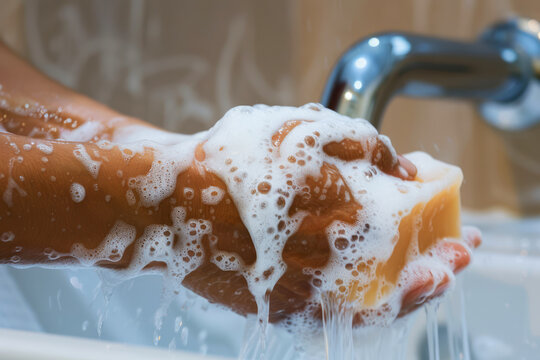 Close-up of a person washing hands with thick soap lather under running water
