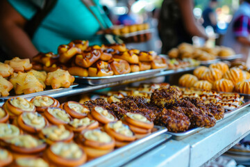 Obraz premium Close-up of a traditional Brazilian food stall at a Festa Junina event with various sweets on display