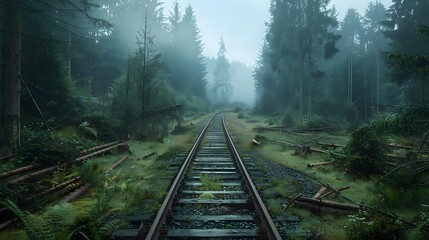 Fototapeta premium An train track running through the forest, with green grass on both sides and tall trees in the background. which run straight ahead into misty distance.