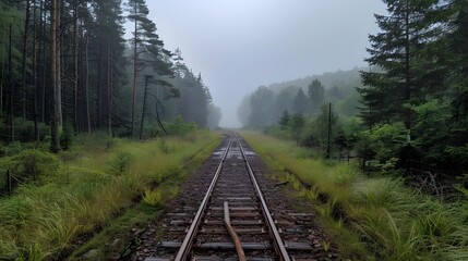 Fototapeta premium An train track running through the forest, with green grass on both sides and tall trees in the background. which run straight ahead into misty distance.