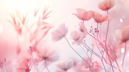 Delicate pastel flowers in soft focus, ethereal beauty concept. Background with copy space.