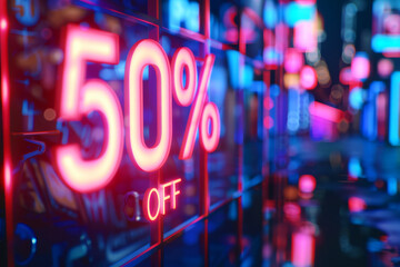 Neon 50% OFF sign displayed in a vibrant futuristic urban setting with colorful lights.
