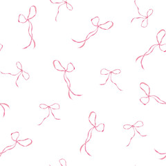 Delicate, seamless pattern with pink bows on a white background. Watercolor illustration of a simple background with ribbons and bows.