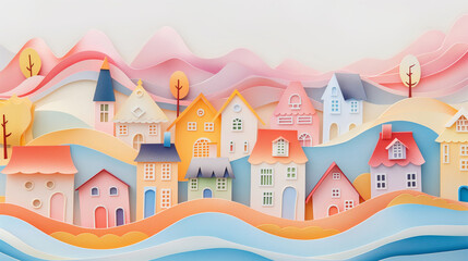 Naklejka premium Colorful paper-cut village with pastel houses and mountains, peaceful community concept